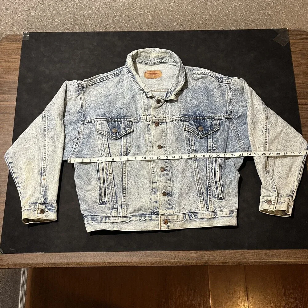 Vintage Levis Trucker Jacket 1980s Galactic Acid wash Levi Moto Leather Patch US